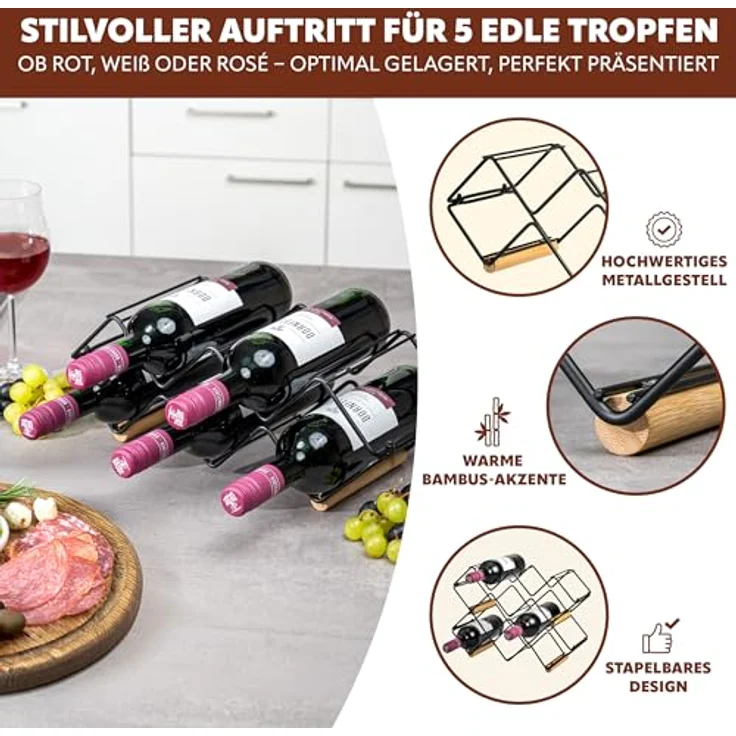 eluno Weinregal für 5 Flaschen, aus Metall und Bambus, stapelbar, schwarz – Bild 4