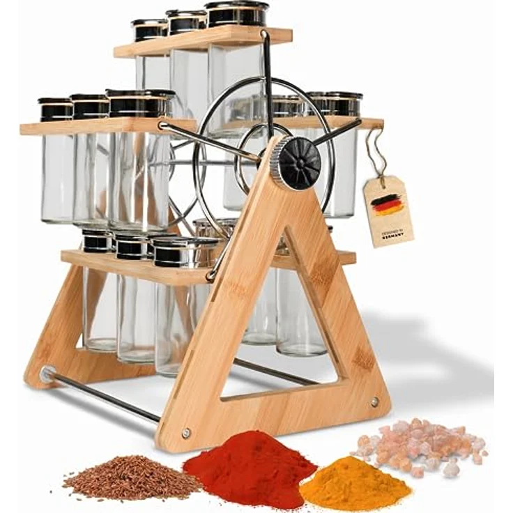 Coradoma Gewürzregal aus Holz - Drehbarres Gewürzkarussell mit 15 Gewürzdosen | Gewürzgläser Spice Rack | Gewürzständer und Küchenregal - Küchen Organizer zur Gewürzaufbewahrung – Bild 1