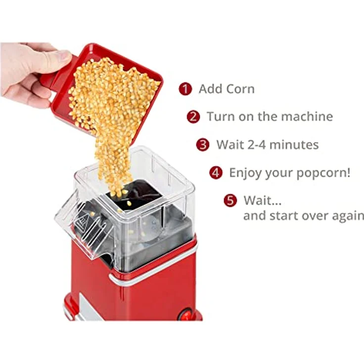 Stagecaptain PCM-1200 HA Fettfreie Heißluft-Popcorn-Maschine - Kalorienbewusster Genuss ohne Fett oder Öl - 1200 Watt - schnelle Zubereitung - Retrodesign für Movie-Liebhaber - Metallic Red – Bild 3