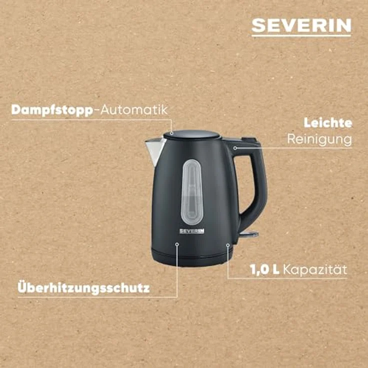SEVERIN WK 9553 Wasserkocher, 2200, Edelstahl, 1 Liter, schwarz-matt – Bild 4