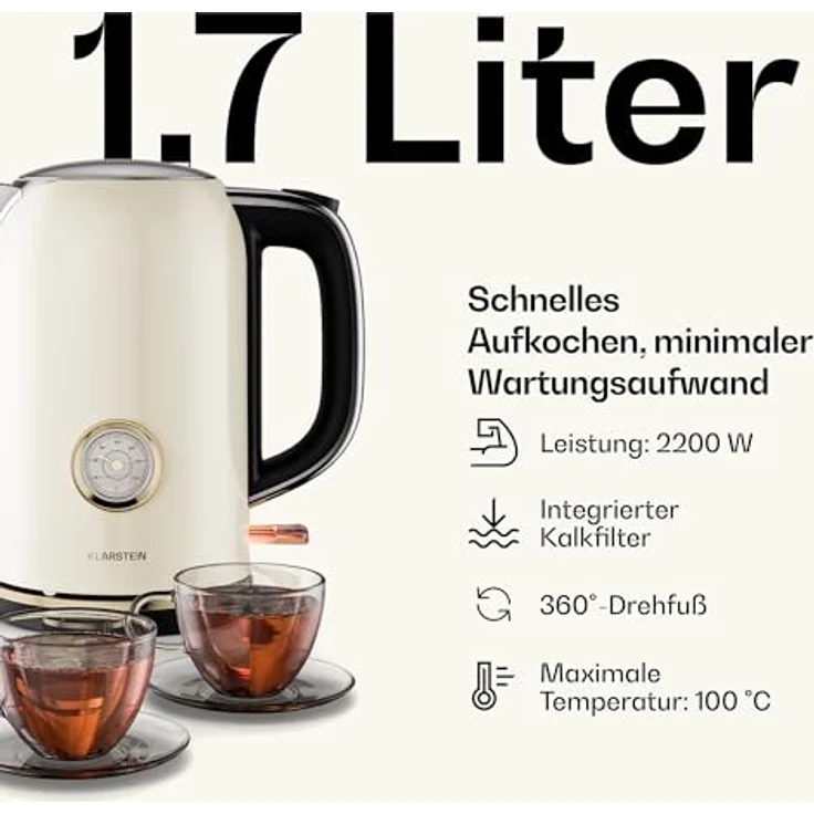 Klarstein Victoria Frühstücksset, 2-Scheiben-Toaster mit Brötchenaufsatz, 1,7L Wasserkocher, 12 Tassen Filterkaffeemaschine, Retro Design, Warmhaltefunktion, Cream – Bild 6