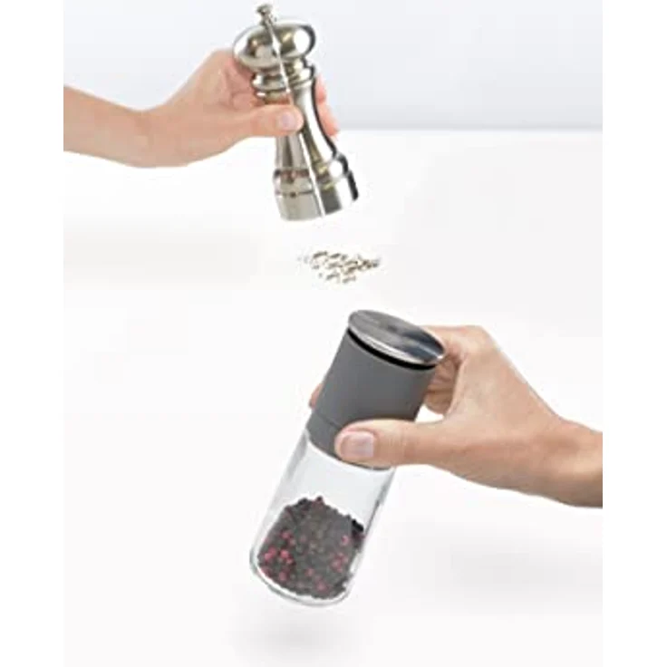 Joseph Joseph Duo Manuelles Salz- und Pfeffermühlenset, umgedrehte Mühlen mit Keramikmahlwerk, Schwarz/Grau – Bild 2