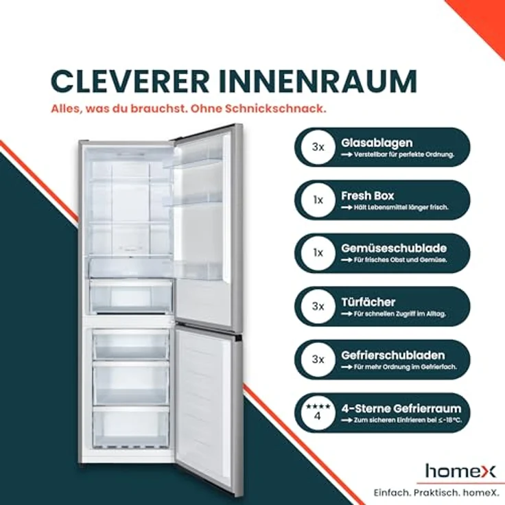 homeX CFSN3041A-S, Kühl-Gefrier-Kombination No Frost, 304 Liter, freistehend, leise 35 dB, Silber – Bild 7