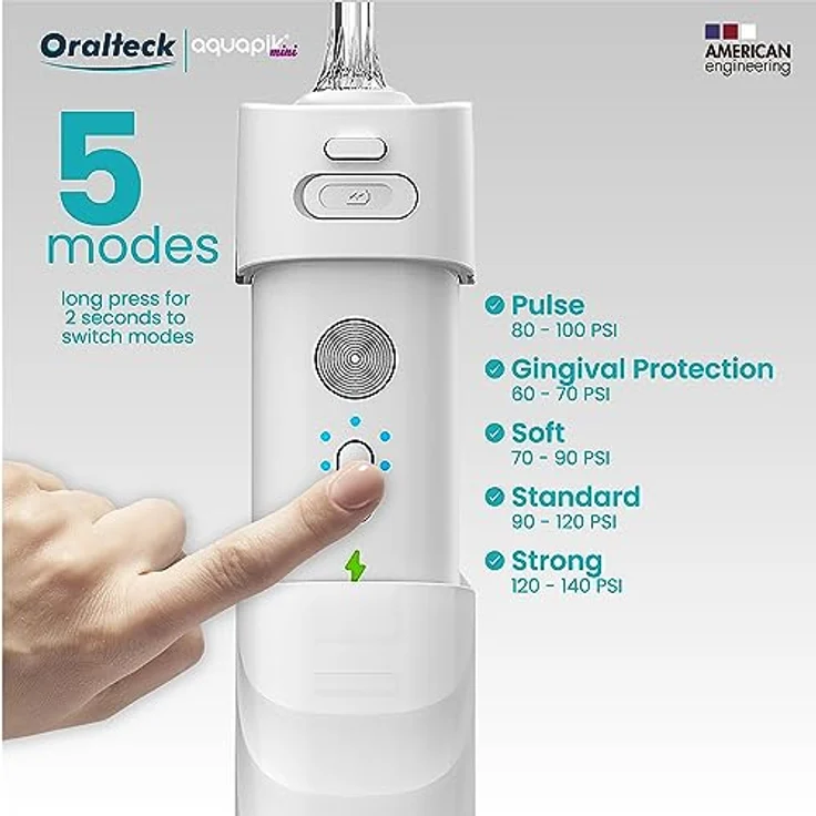 Aquapik Mini-Munddusche, tragbar, einziehbar, für Reisen und Büro, USB-Aufladung, 4 Düsen, 3 Leistungen, wasserdicht IPX8, für die ganze Familie (Weiß) – Bild 5