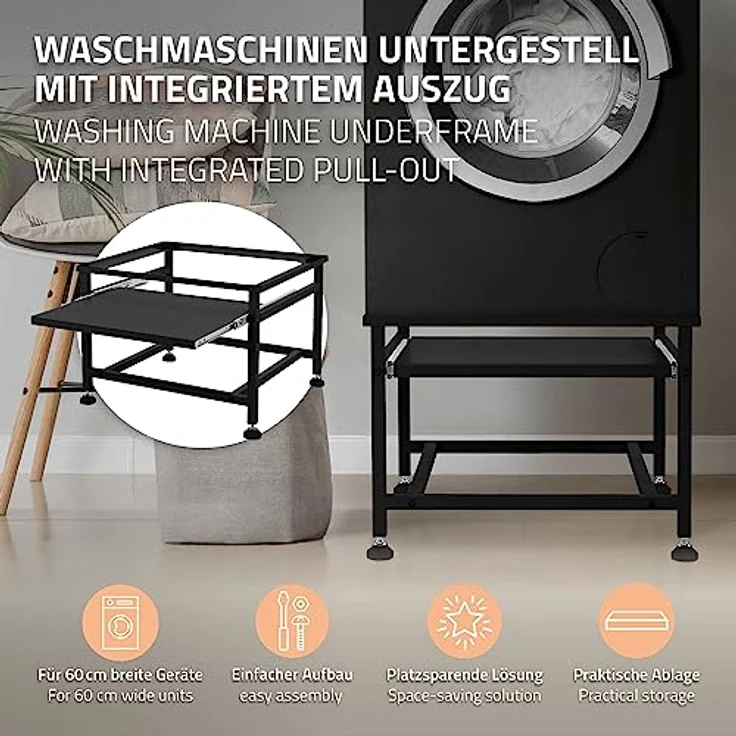 ML DESIGN modern living Waschmaschinen-Untergestell mit ausziehbarer Ablage, Schwarz, Stahl, bis 150kg, höhenverstellbare Füße, 62,5x53,5x45 cm, Trocknersockel Podest Unterschrank Erhöhung – Bild 2