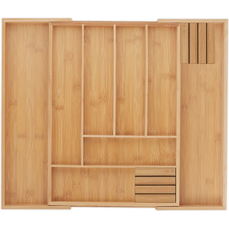 relaxdays Besteckkasten Ausziehbarer Besteckkasten aus Bambus, 8 Fächer, inkl. 2 Messerblöcke, natur – Bild 1