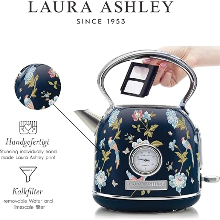VQ Laura Ashley Elveden Navy, Kabelloser Edelstahl-Wasserkocher mit 1.7 Litern, 2.2 kW Schnellkochtechnologie, Überhitzungsschutz und Temperaturanzeige – Bild 4