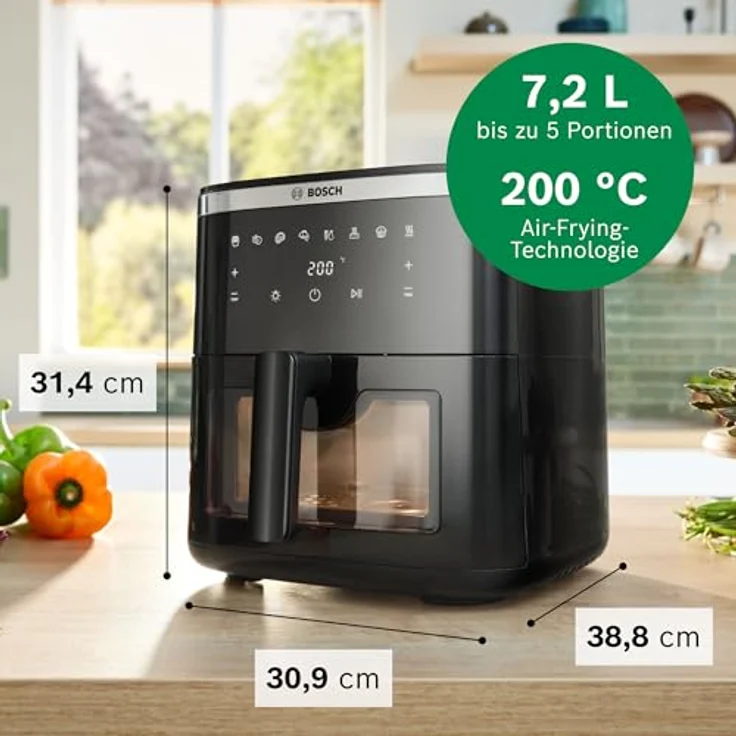 Bosch Heißluftfritteuse Serie 6 MAF671B0, XXL Air Fryer mit 7,2 L Fassungsvermögen, 7 voreingestellten Programmen, beleuchtetem Sichtfenster, bis zu 65% schnellerem Kochen, Schwarz – Bild 2