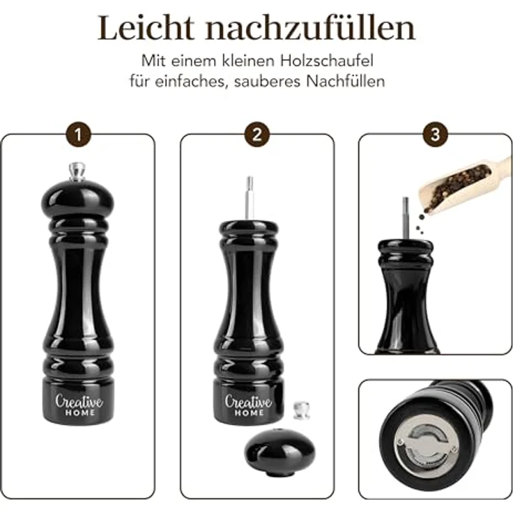 Creative Home Set von 2 großen Salz- und Pfeffermühlen aus Buchenholz, manuelle Mühle mit britischem Design, 18 cm Höhe, in Weiß und Schwarz, inkl. Mini-Holzschaufel – Bild 5
