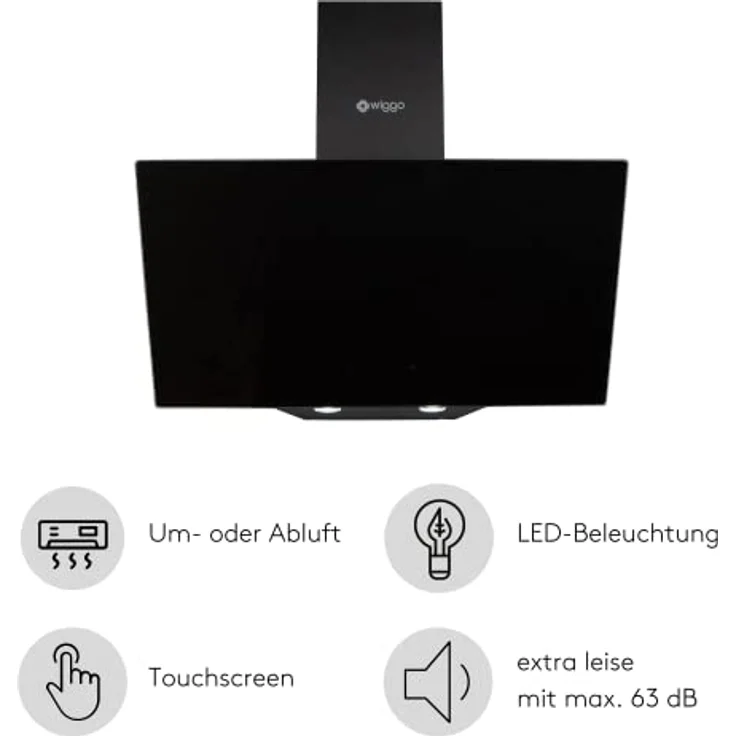 Wiggo Dunstabzugshaube 60cm kopffrei I Abluft Umluft Dunstabzug 300m³/h - LED Touch-Display 3 Stufen I Schräghaube inkl. Fettfilter & 2x Kohlefilter I Abzugshaube mit Glasfront schwarz – Bild 2