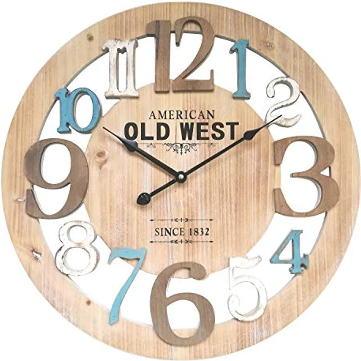 Rebecca Mobili Wanduhr Holz Braun Blau Weiß Design Urban Hauseinrichtung Ø 50 cm -(H x B x T) - Art. RE4992