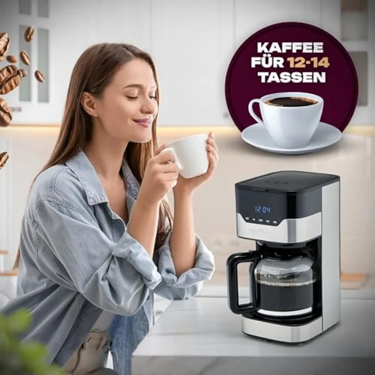ProfiCook PC-KA 1169 Kaffeeautomat, elektronische Aromawahlfunktion, Sensor Touch-Bedienung - Touchscreen, 24 Stunden-LED-Digital-Zeitschaltuhr, 1.5 Liter, Edelstahl - Schwarz – Bild 2