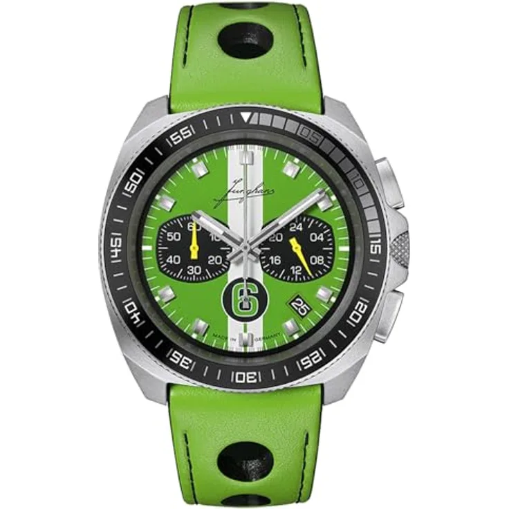 JUNGHANS 1972 Chronoscope Sports Edition 2026, Herrenuhr mit grüner Zifferblatt, Lederarmband, Stoppuhr und kratzfestem Synthetik-Saphirglas