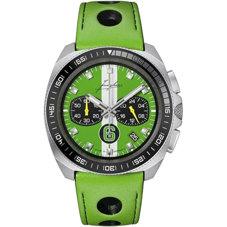 JUNGHANS 1972 Chronoscope Sports Edition 2026, Herrenuhr mit grüner Zifferblatt, Lederarmband, Stoppuhr und kratzfestem Synthetik-Saphirglas