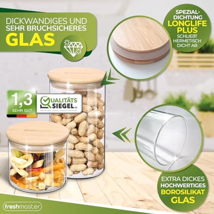 Fresh Master Vorratsglas Vorratsdosen Glas mit Bambus-Deckel, Borosilikatglas, luftdichte Aufbewahrung (12-tlg) – Bild 3