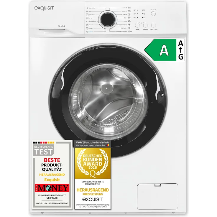 Exquisit WA6110-021A, Waschmaschine 6 kg, schmal 42 cm, Energieklasse A, 1000 U/Min, 16 Programme, weiß