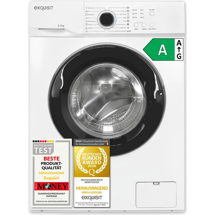 Exquisit WA6110-021A, Waschmaschine 6 kg, schmal 42 cm, Energieklasse A, 1000 U/Min, 16 Programme, weiß