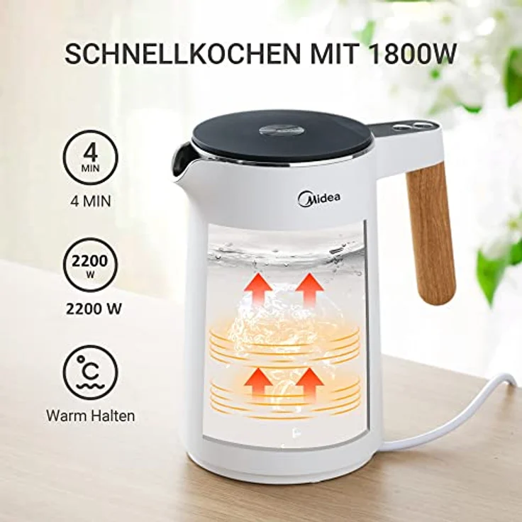 Midea Edelstahl Wasserkocher mit Temperatureinstellung, 1,5 Liter, 2200W, wasserkocher weiß, Teekocher mit Temperaturanzeige und Sicherheitsfunktionen,BPA frei – Bild 2