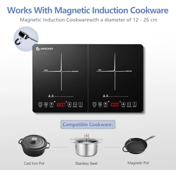 AMZCHEF induktionskochfeld 2 platten, Doppel-induktionskochplatte mit 20 Temperaturstufen, 3500W, 3-Stunden-Timer, Sicherheitssperre - Schwarz/silber – Bild 5