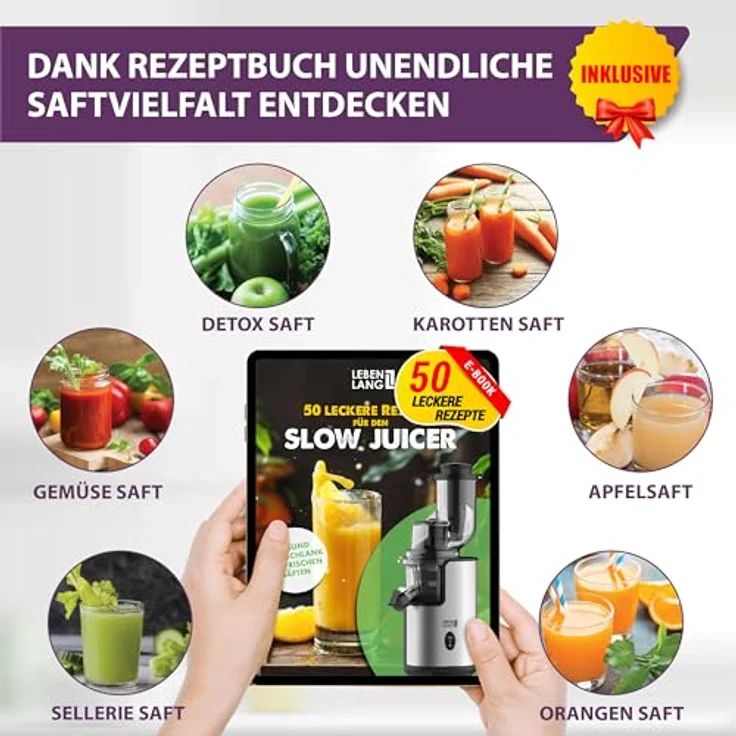 LEBENLANG Slow Juicer Edelstahl, BPA-freier Entsafter für Obst und Gemüse mit hoher Saftausbeute, inklusive Rezeptbuch – Bild 2