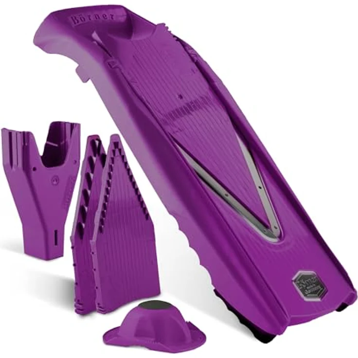 Börner V5 PowerLine Gemüsehobel Starter Set (6-tlg.) • Gemüseschneider (V-Hobel) für Obst & Gemüse + Fruchthalter + Einschübe mit Box • 4 Schnittstärken • Küchenhobel-Set (Violett) – Bild 1