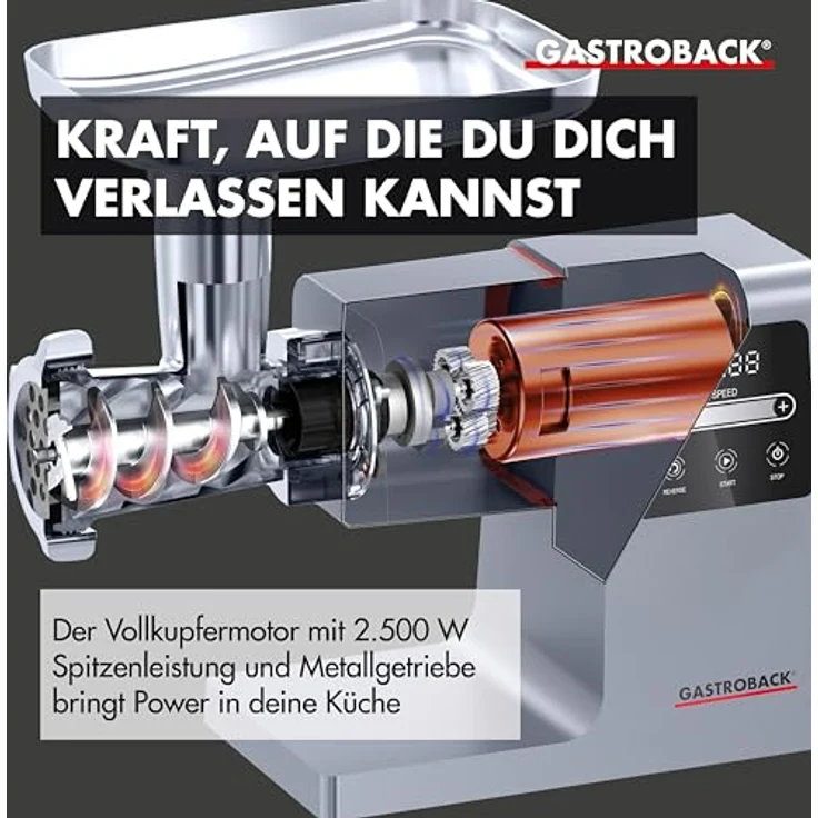 Gastroback Fleischwolf Design Fleischwolf 6-in-1 Power Pro, silberfarben, mit Burger-Presse und 2800 g/min Durchlaufmenge – Bild 6