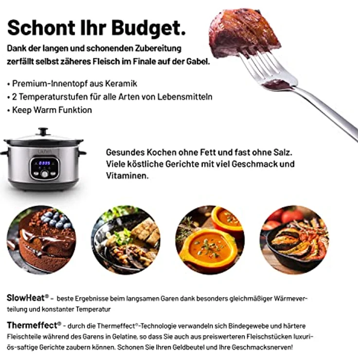 Lauben Slow Cooker 3500SB Schongarer mit Thermeffect®-Technologie, SlowHeat®-Technologie, Kochbuch, Innenbehälter aus Keramik, Zwei Temperaturstufen, Manuelle Zeiteinstellung, 3.5l – Bild 3