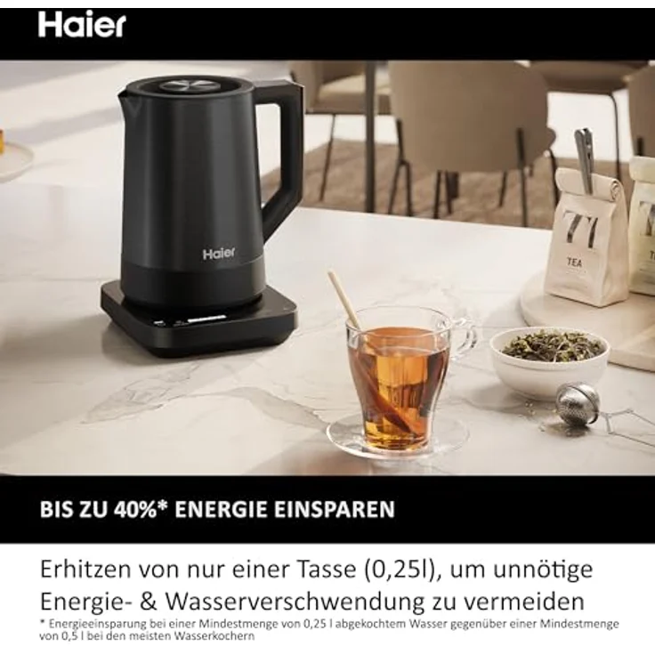 Haier Wasserkocher mit Temperatureinstellung aus Edelstahl 1,7 Liter I Energiesparender Kettle mit 7 Temperaturstufen, Warmhaltefunktion & 0,25L Einzeltassenfunktion I 2200W [Serie 5 - HKE5A] – Bild 4