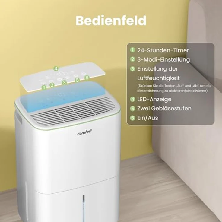 Comfee Luftentfeuchter 10 Liter/Tag, für Räume bis 16 m², automatische Abtauung, Kindersicherung, weiß – Bild 4