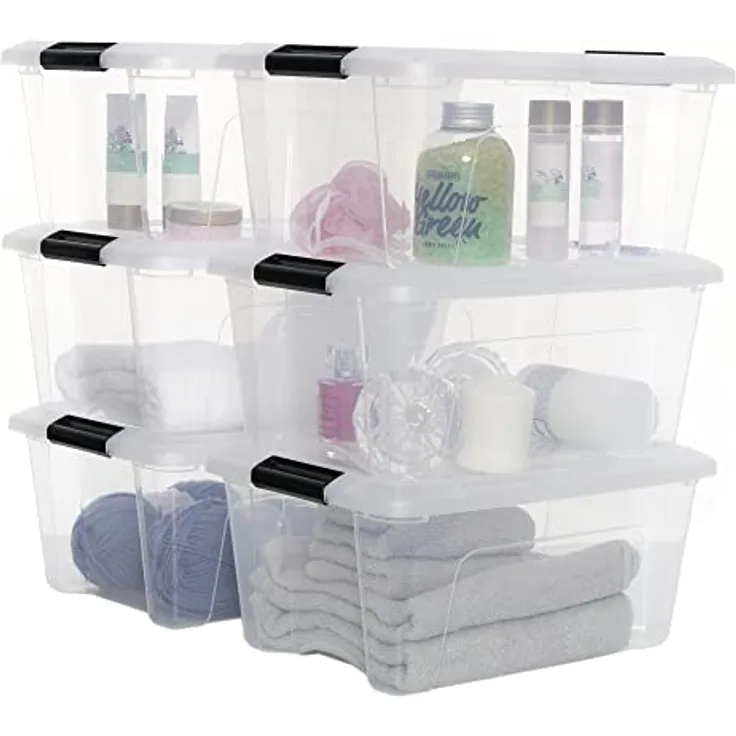 Iris Ohyama, Aufbewahrungsboxen aus Kunststoff mit Deckel und Verschlussclips, 15L, 6er Set, Integrierte Griffe, BPA frei, Büro, Wohnzimmer, DDNTB-15, Klar