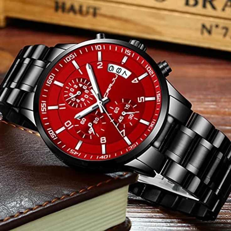 CRRJU Herren Uhr Business Edelstahl Chronograph mit Kalender, wasserdicht, Stoppuhr, Analog Quarzuhr, schwarzes Edelstahlband mit roten Akzenten – Bild 5