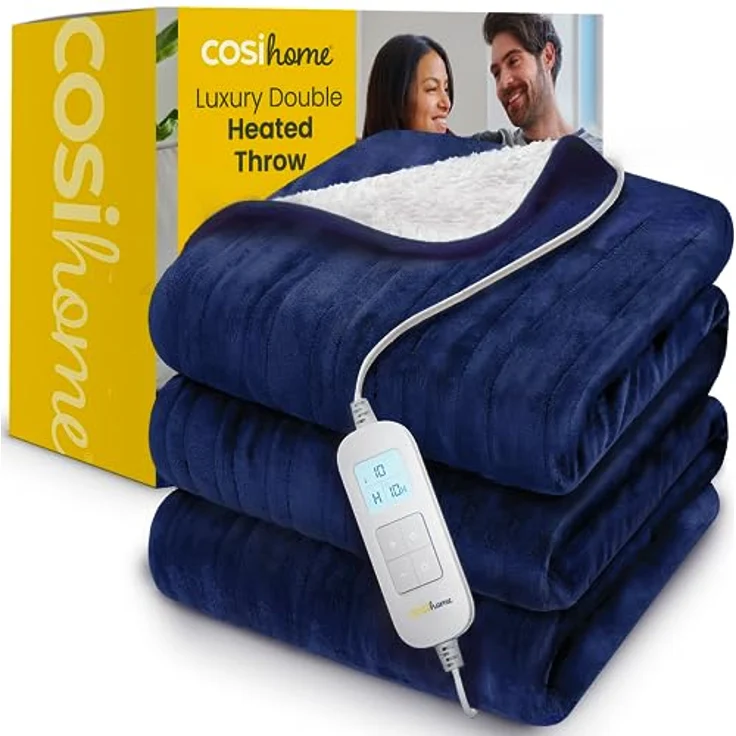 Cosi Home Heizdecke 200 x 150 cm - Elektrische Wärmedecke mit Abschaltautomatik, Überhitzungsschutz, Waschbar, Kuscheliges Sherpa & Fleece, 10 Heizstufen mit digitaler Fernbedienung - Navy – Bild 1