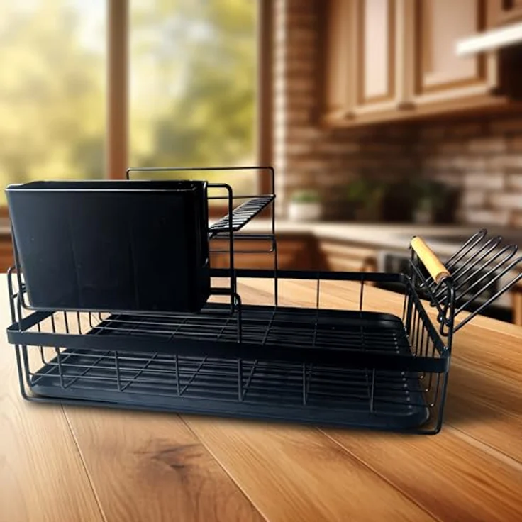 Retoo Geschirr Abtropfständer, platzsparender Geschirrabtropfer mit herausnehmbarem Tablett, 44 x 42 x 26.5 cm, Schwarz – Bild 5