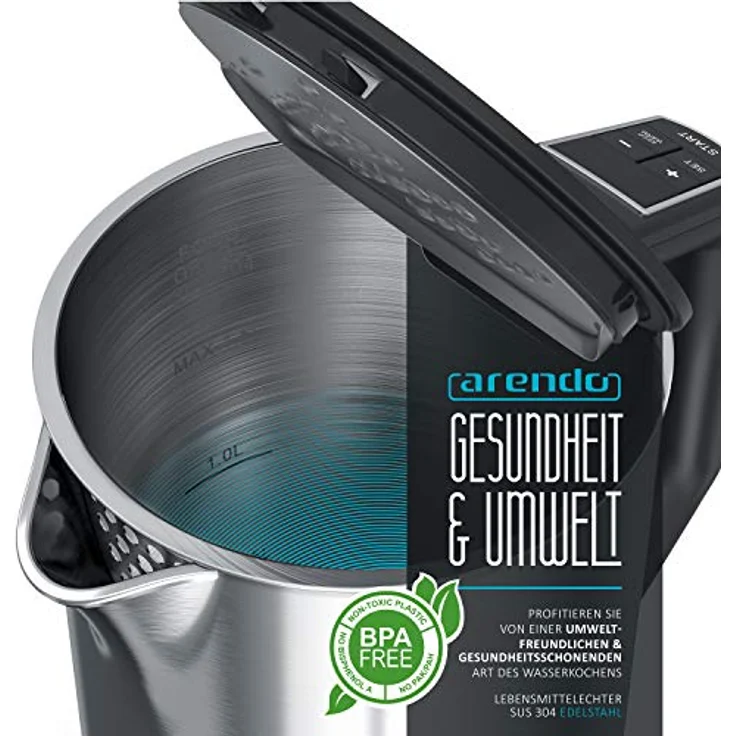 Arendo Edelstahl Wasserkocher mit Temperatureinstellung 40-100 Grad in 5er Schritten - Doppelwand Design - Modell ELEGANT - 1,5 Liter - 2200 W - Teekocher mit Temperaturanzeige - GS - Silber – Bild 4