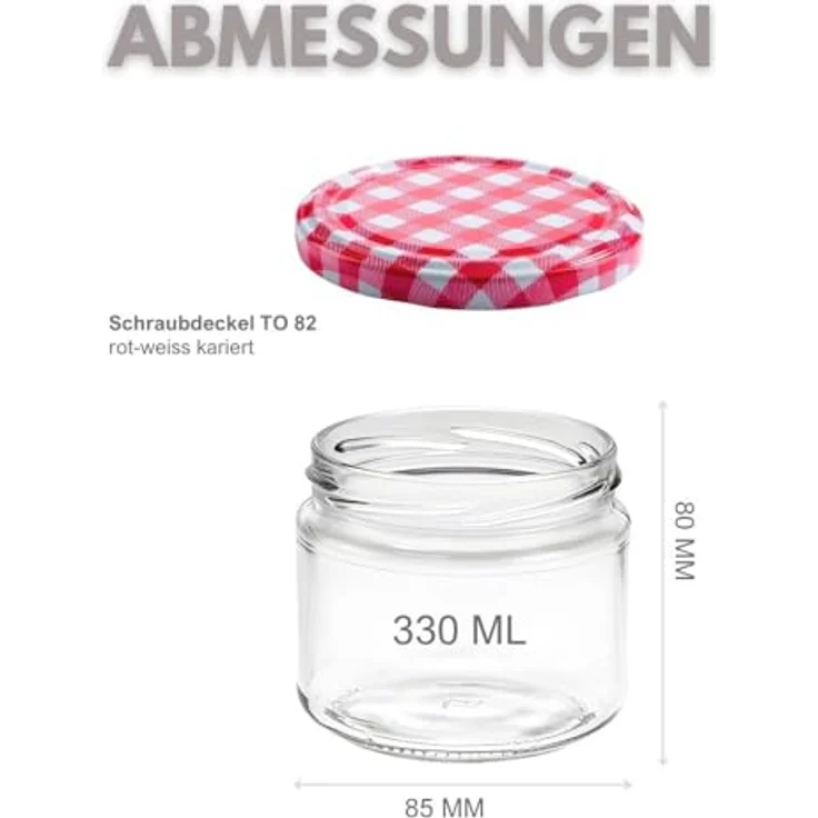 Devitre 12er Set Marmeladengläser 330 ml, wiederverwendbare Einmachgläser mit rot-karierter Schraubdeckel und Etiketten – Bild 3