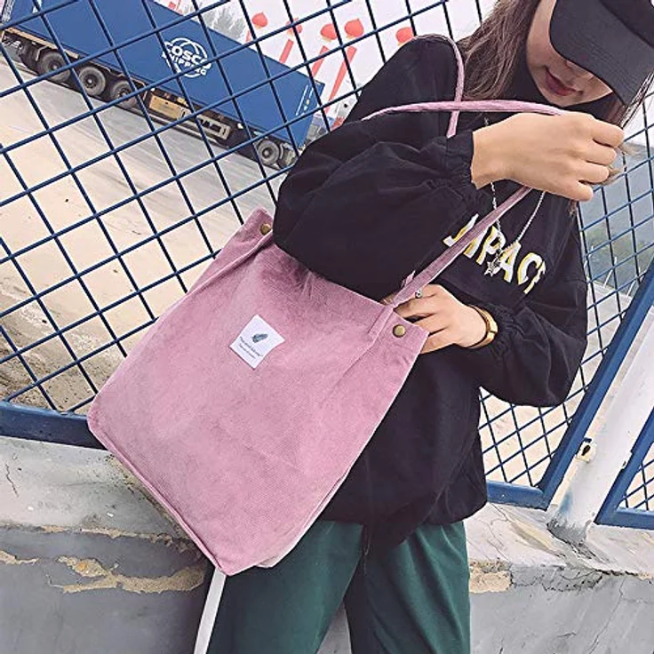 Funtlend Umhängetasche Damen Cord Tasche, Pink, vielseitiger Shopper mit Innentasche für Uni, Arbeit und Freizeit – Bild 2