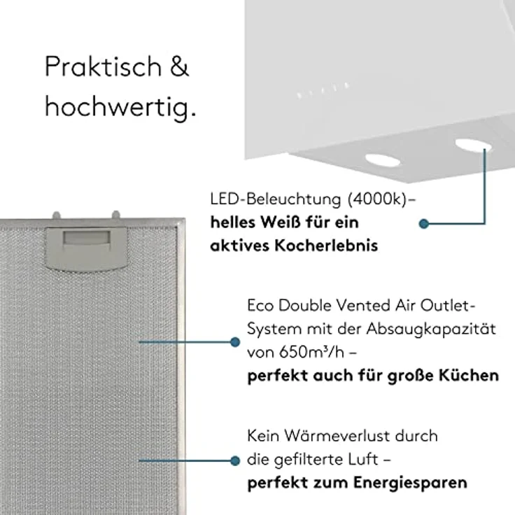 Wiggo Dunstabzugshaube 60cm kopffrei I Abluft Umluft Dunstabzug 650m³/h - Touch-Display 4 Stufen I Energieeffizienzklasse A Schräghaube inkl. Fettfilter & 2x Kohlefilter I Abzugshaube Glasfront weiß – Bild 3