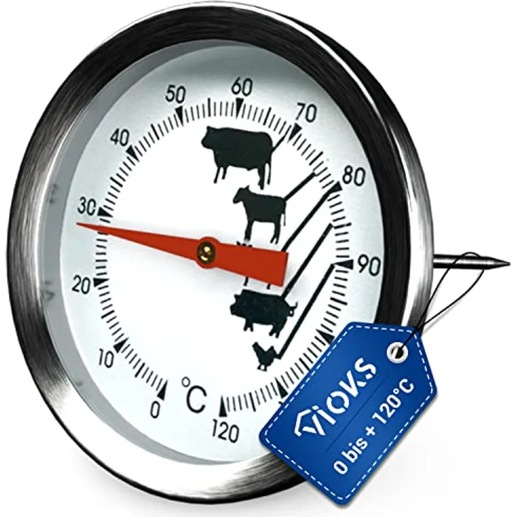 VIOKS Fleischthermometer Backofen 0 bis +120°C - Edelstahl Steak Thermometer 43 mmØ mit Einstechfühler 130 mm - Thermometer Fleisch zur exakten Temperaturmessung verschiedener Fleischsorten