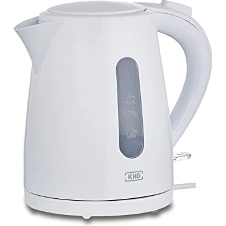 KHG Wasserkocher WK-100W, Kunststoff weiß, 1 Liter, abwaschbarer Kalkfilter, Wasserstandsanzeige, Trockengehschutz, 2200 Watt