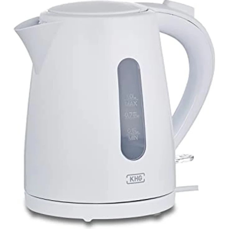 KHG Wasserkocher WK-100W, Kunststoff weiß, 1 Liter, abwaschbarer Kalkfilter, Wasserstandsanzeige, Trockengehschutz, 2200 Watt – Bild 1