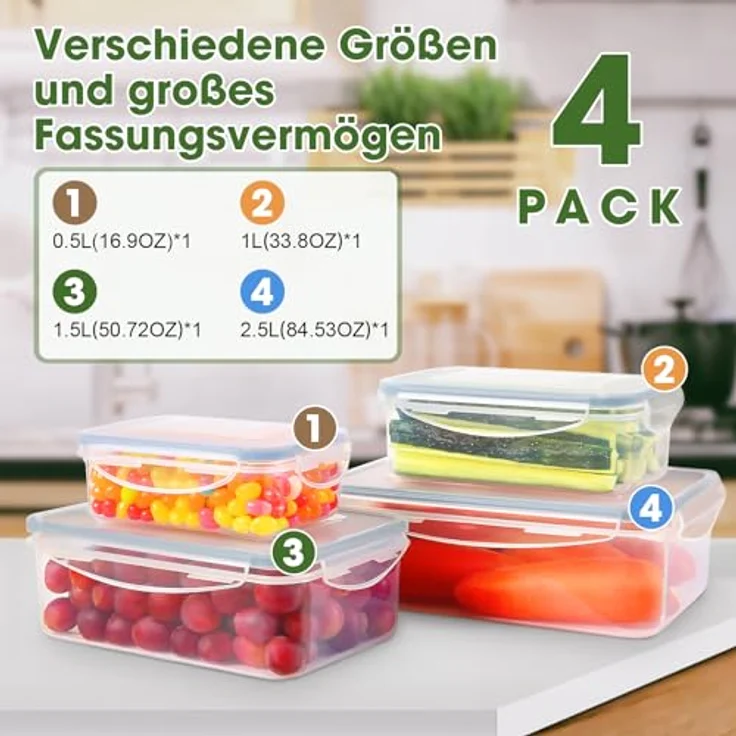 YASHE Frischhaltedose mit Deckel, 4-teiliges Plastik Vorratsdosen Set, BPA-frei, mikrowellen- und spülmaschinengeeignet, luftdicht, stapelbar – Bild 3