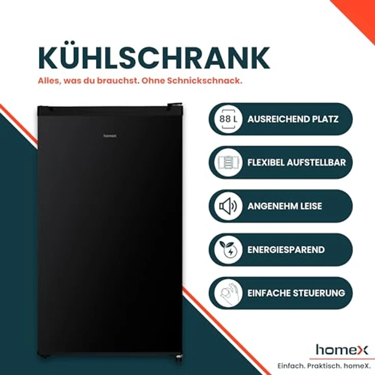 homeX CS1016-B Kühlschrank ohne Gefrierfach, 88 L, kompaktes Design, freistehend, schwarz, leise 39 dB(A) – Bild 2