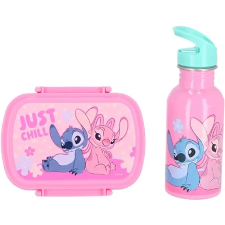 Lilo & Stitch Disney Stitch Brotdose mit Trinkflasche, 2-teiliges Lunchbox Set, rostfreier Stahl, rosa, ideal für Schule und Ausflüge
