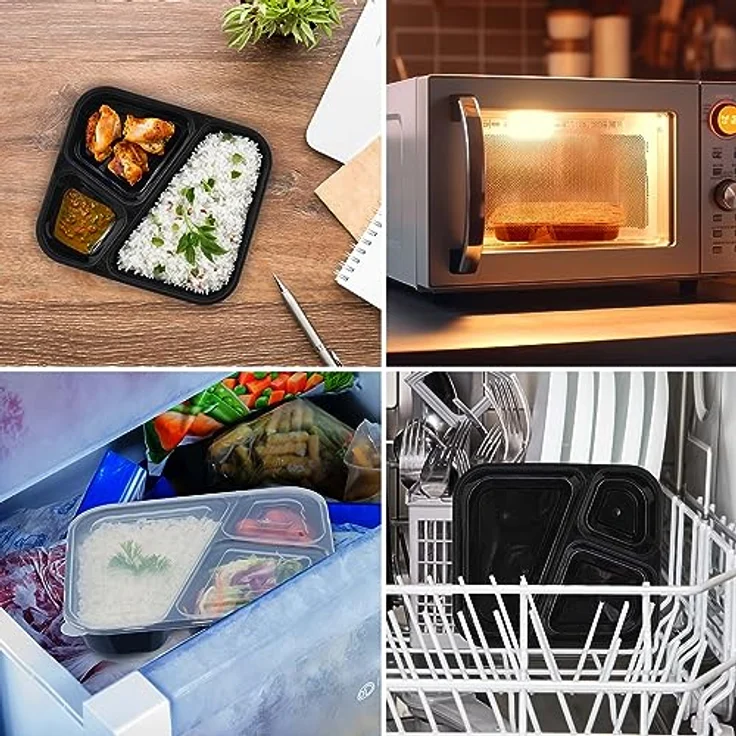 Relaxdays 24er Set Meal-Prep-Boxen, Lunchbox mit 3 Fächern, mikrowellen- und gefriergeeignet, Schwarz – Bild 5