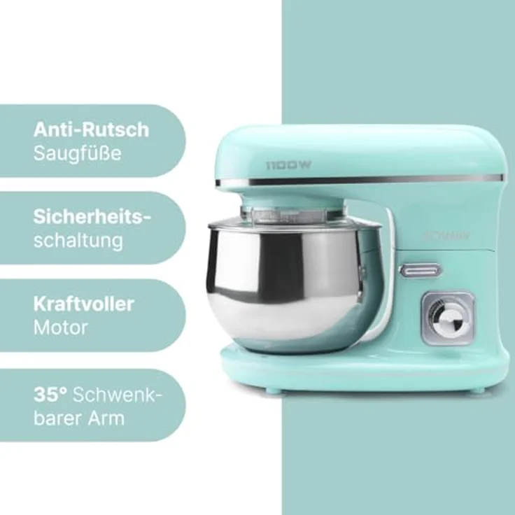 Bomann KM 6030 CB Knetmaschine inkl. transparentem Spritzschutzdeckel mit Nachfüllöffnung, 1100 Watt, 5 Liter, schwenkbarer Multifunktionsarm, Mint – Bild 5