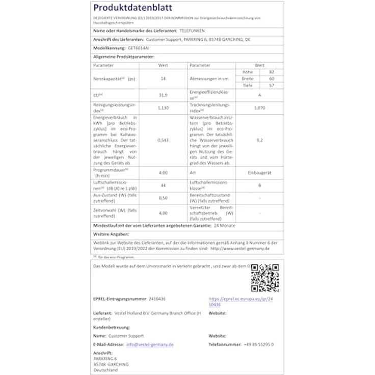 Telefunken Geschirrspüler GET6014AI, teilintegrierbar, 60 cm, 14 Gedecke, 9 Programme, AquaStop, energieeffizient A, leise mit 44 dB – Bild 13