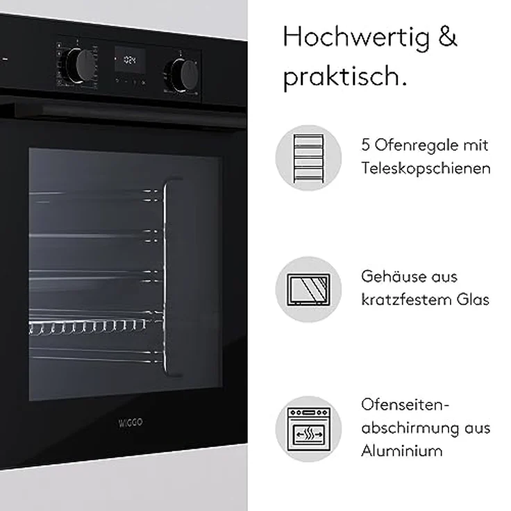 Wiggo WO-BFA610 Einbau-Backofen, schwarz, 60 cm, 73 l, Airfryer, Ober- & Unterhitze, Heißluft, Grillen, Auftauen, 4 Bleche, Konfektion – Bild 4