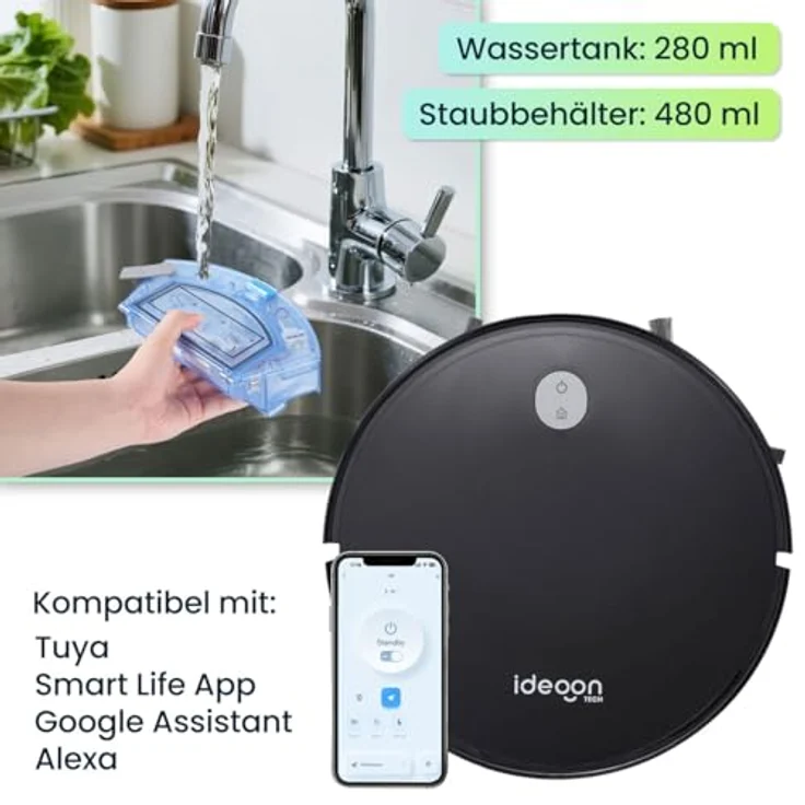 shop'n smile ideoon 3in1 Saugroboter mit Wischfunktion, App-Steuerung, bis 120 m², 3 kPa Saugkraft, beutellos, bürstenloser Motor, leise mit 63 dB – Bild 7