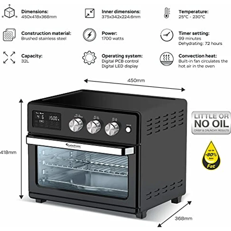 TurboTronic digitaler Heißluftofen - XXL 32 Liter mit Drehspieß für Hähnchen 5 in1 Mini Backofen, Dörrer & Power Heißluftfritteuse Airfryer ab 25°C – Bild 2
