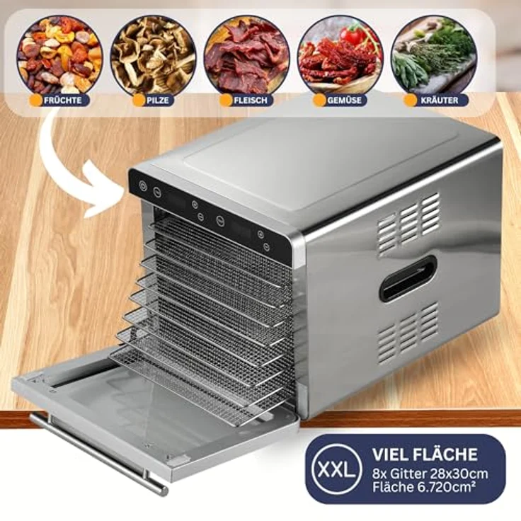 Sommertal Dörrautomat Silence 700 XXL, Profi Dörrautomaten mit 8 Edelstahl Dörrgitter, LED-Display, 24h Timer, Temperatur einstellbar von 35°C–85°C, 700W Dehydrator, inkl. Kochbuch – Bild 3